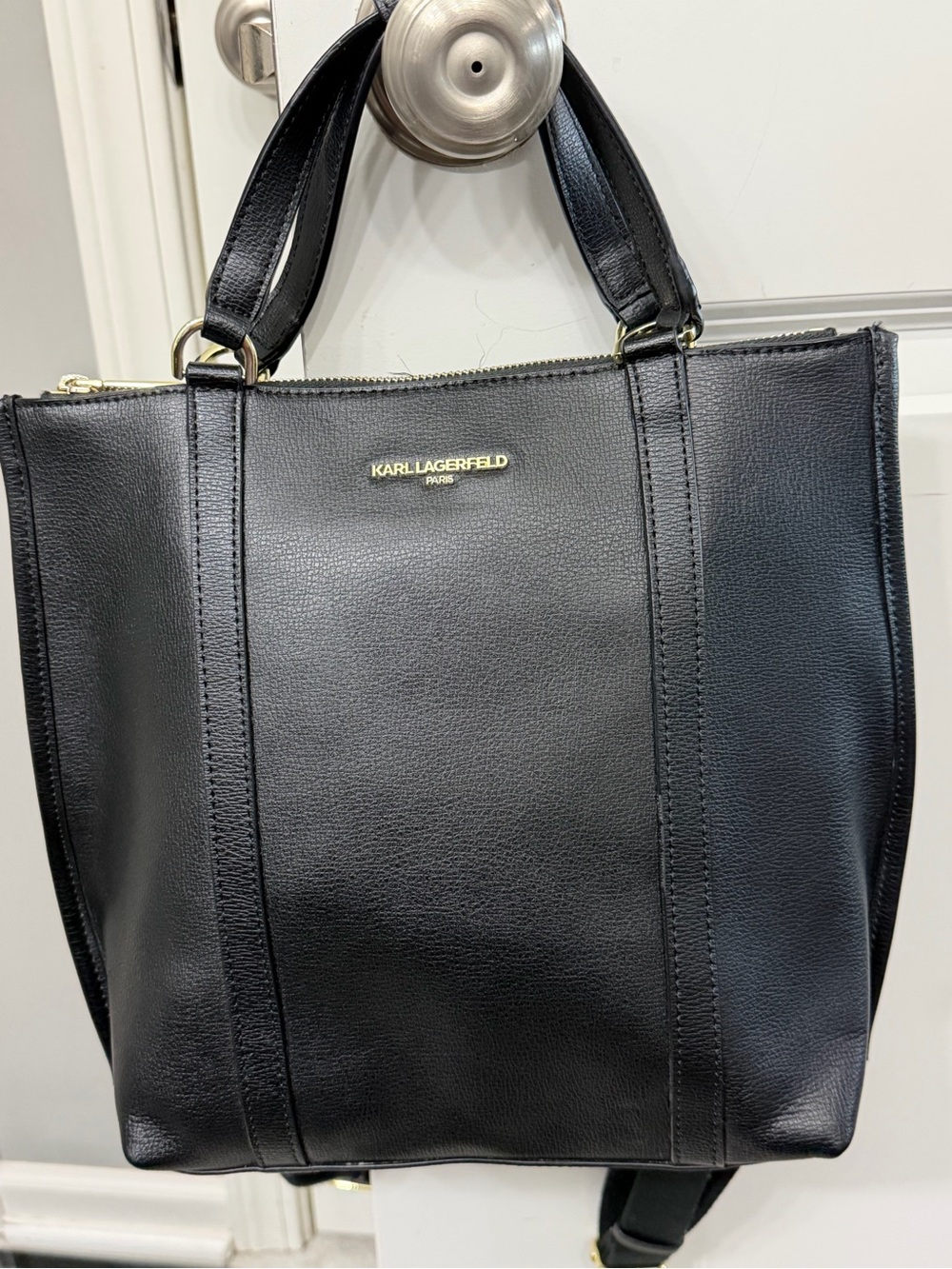 Karl Lagerfeld Black Leather Structured Backpack with Gold Logo